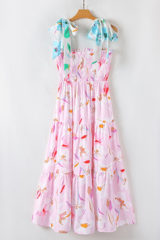 Floral Print Knotted Shoulder Smocked Maxi Dress
