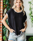 First Love Full Size Contrast Wavy Crochet Drop Shoulder Knit Top