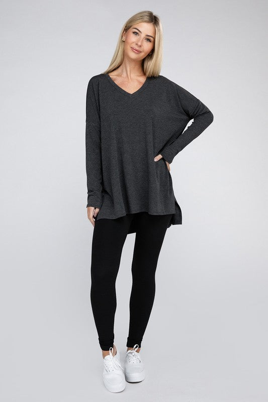 Zenana Dolman Long Sleeve V-Neck Side Slit Hi-Low Hem Top