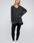 Zenana Dolman Long Sleeve V-Neck Side Slit Hi-Low Hem Top