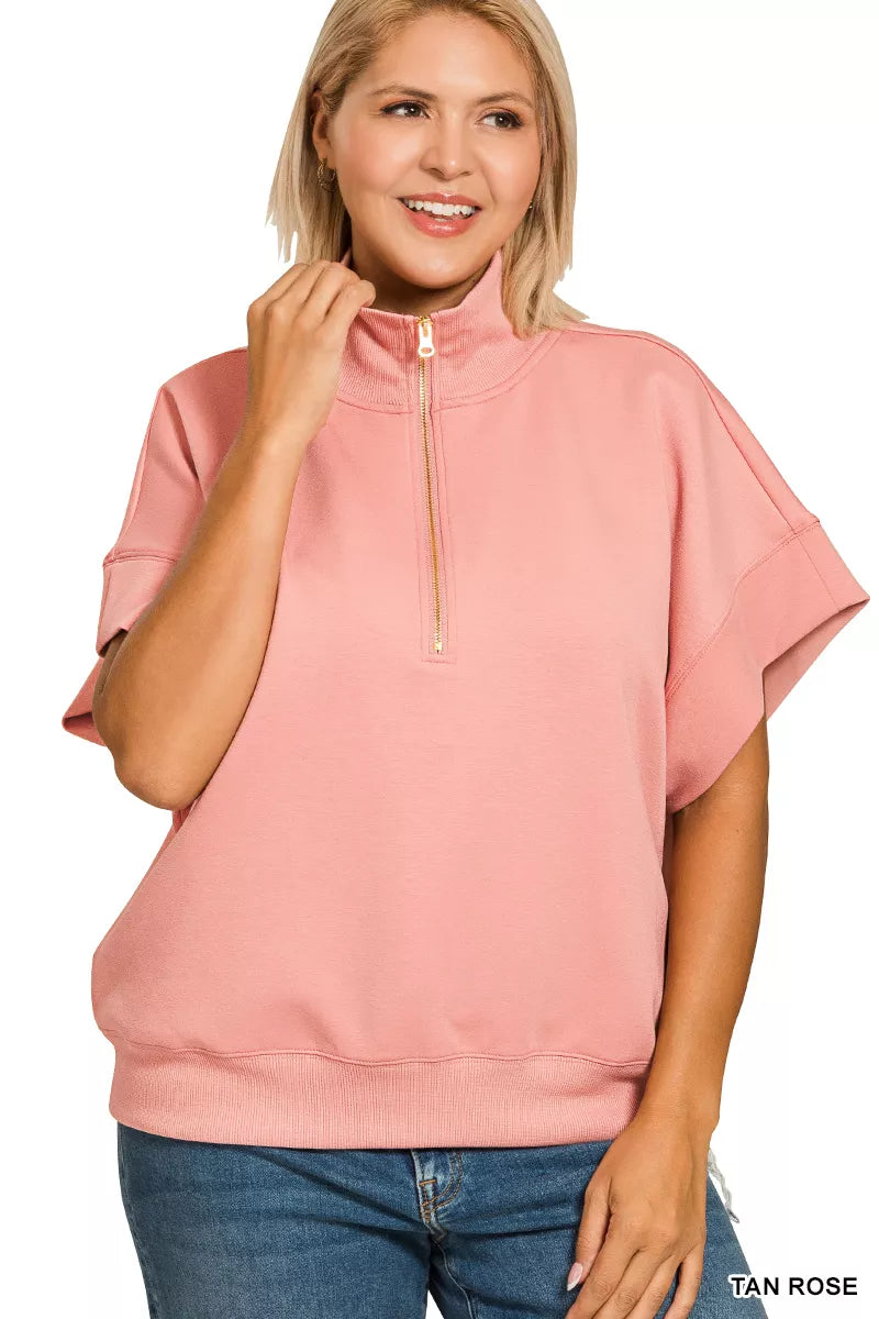 Zenana Full Size Scuba High Neck Half Zip Short Sleeve Top Plus Size in Tan Rose