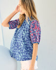 Hailey & Co Embroidered Puff Sleeve Printed Blouse