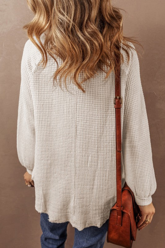 Waffle Knit Buttoned Front Raglan Sleeve Blouse