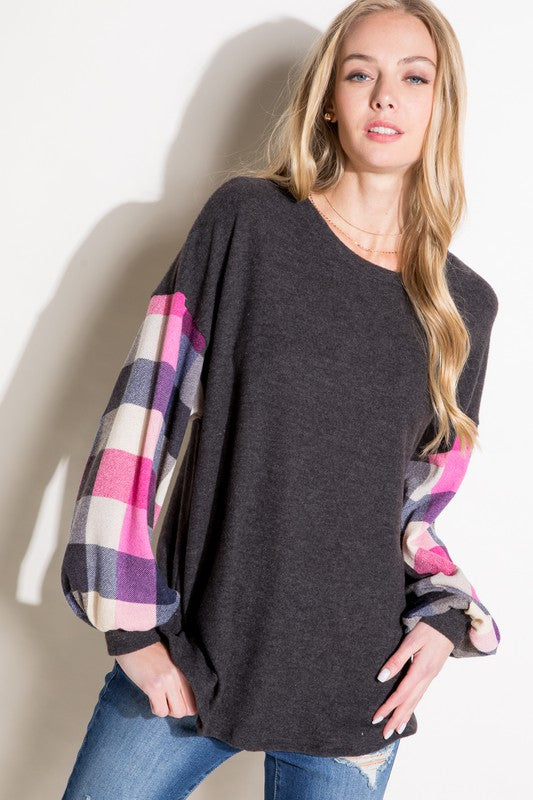 e Luna Plus Multi Plaid Mixed Top