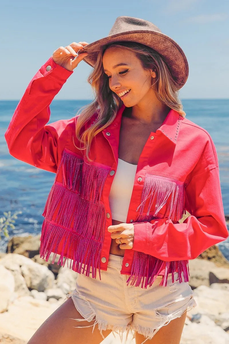 BiBi Rhinestone Fringe with Studded Collar Jacket