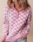 Checkered Buttons V Neck Drop Shoulder Sweater