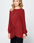 Super Lady Full Size Round Neck Knot Front Hacci Blouse