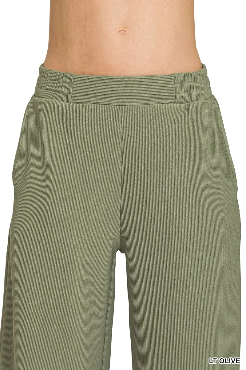 Zenana Ribbed High Neck Half Zip Pullover & Pants Set in Olive