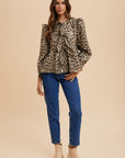 Annie Wear Tied Leopard Round Neck Peplum Blouse