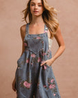 BiBi Flower Printed Wide Strap Denim Overalls