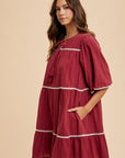 Annie Wear Tassel Contrast Trim Tie Neck Half Sleeve Tiered Dress