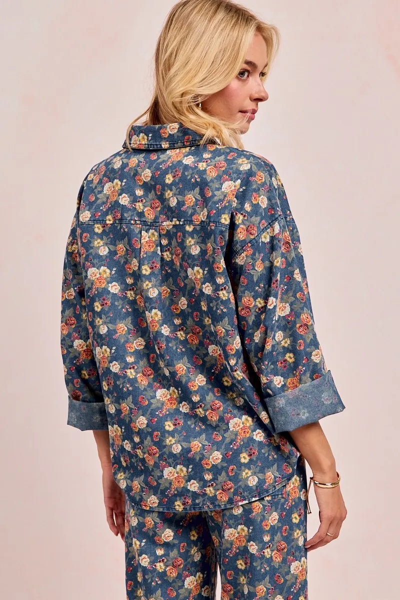 BiBi Washed Florla Print Denim Jacket