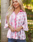 Floral Collared V-Neck Ruffle 3/4 Sleeve Shirt