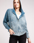 Zenana Acid Wash Cotton Waffle Hooded Zip-Up Jacket