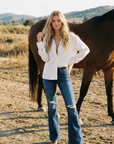 Margaret Low Rise Distressed Flare Jeans | Dark Wash