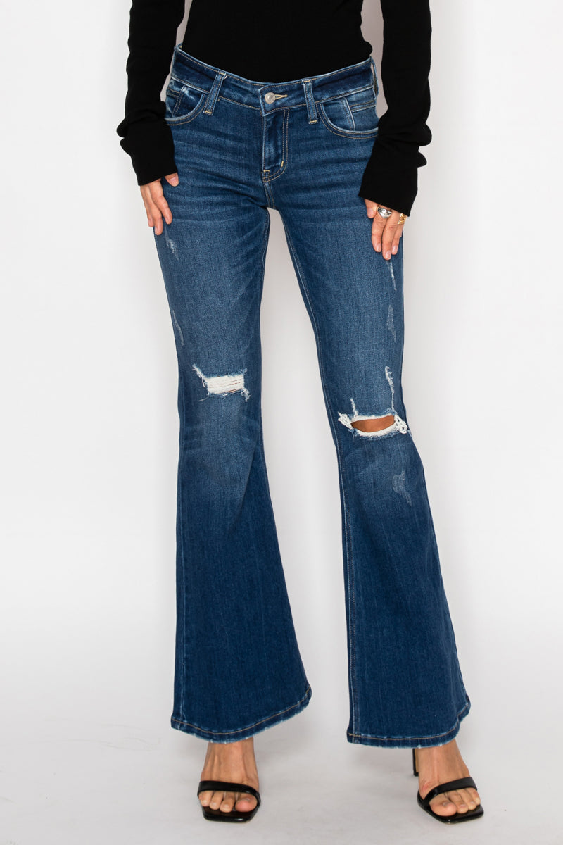 Margaret Low Rise Distressed Flare Jeans | Dark Wash