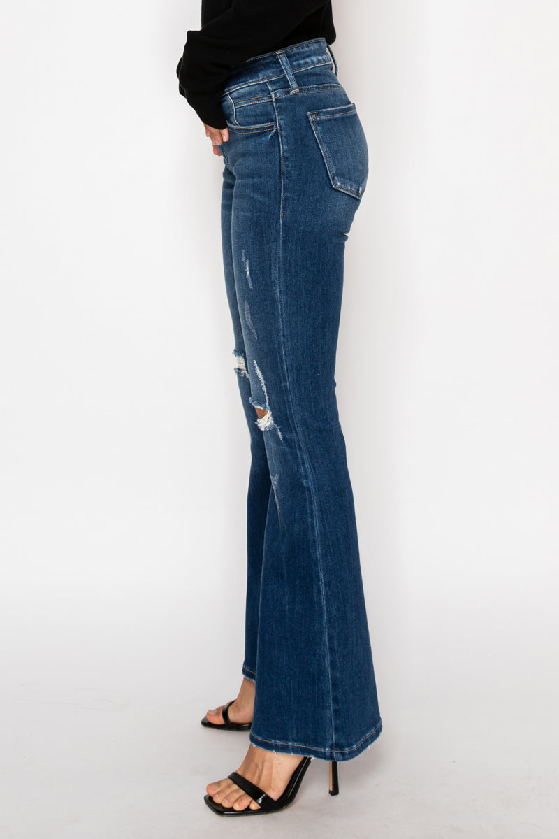 Margaret Low Rise Distressed Flare Jeans | Dark Wash