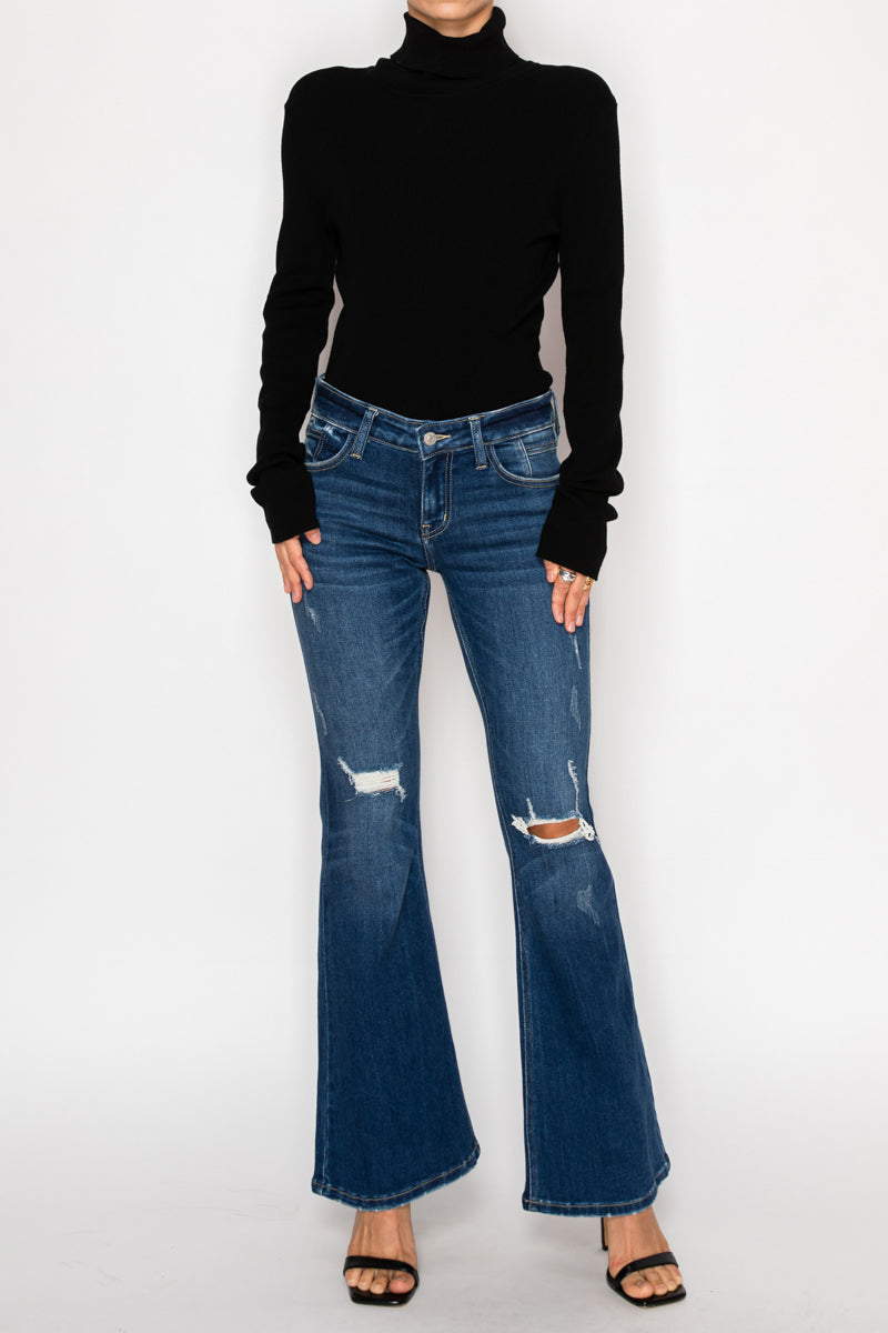 Margaret Low Rise Distressed Flare Jeans | Dark Wash