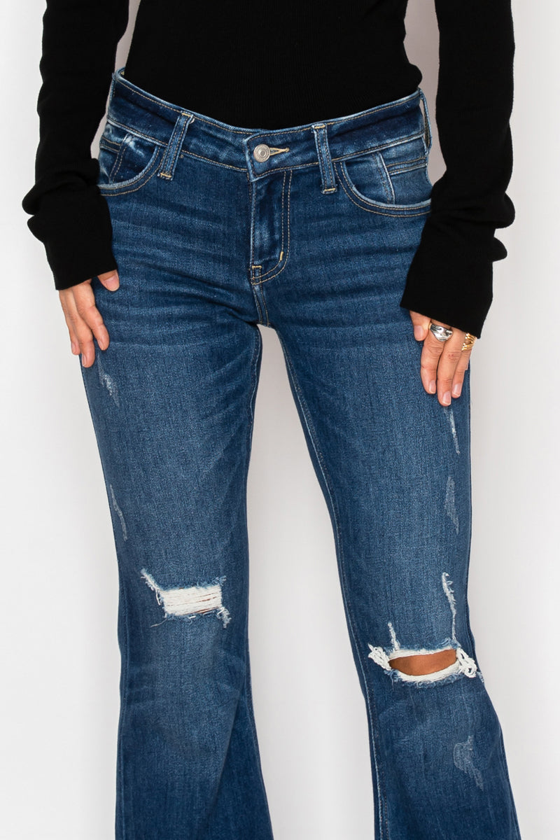 Margaret Low Rise Distressed Flare Jeans | Dark Wash
