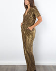 Be Stage Surplice Short Sleeve Pleated Foil Jumpsuit