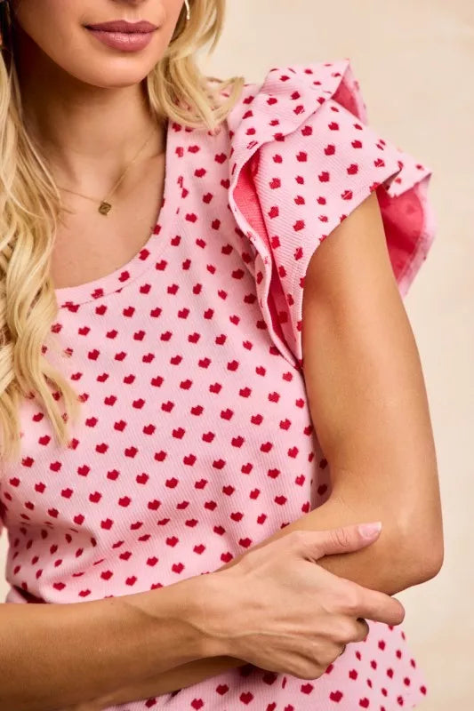 BiBi Heart Patterned Knit Ruffled Sleeves Top