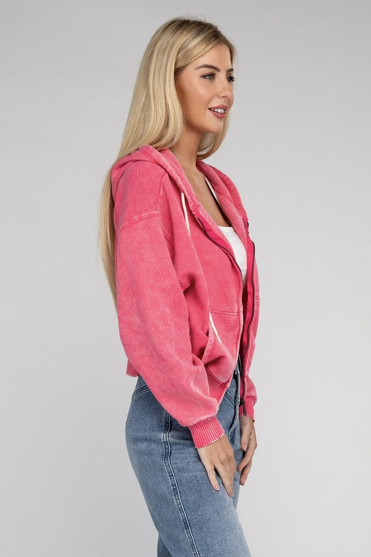 ZENANA Acid Wash Fleece Cropped Zip-Up Hoodie