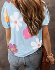 Women Pink Flower Print Bubble Sleeve Tee