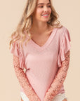 BiBi Ruffled Lace Sleeve Rib Knit Top