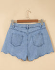 Solid Denim Scalloped Trim High Waist Shorts