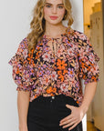 ODDI Full Size Floral Tie Neck Ruffled Blouse