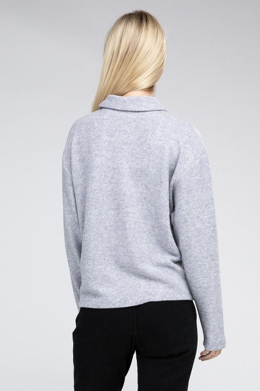 Zenana Brushed Melange Hacci Collared Sweater