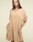 Zenana Woven Airflow V Neck T-Shirt Dress with Pockets