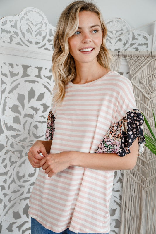 e Luna Striped Woven Floral Ruffle Top