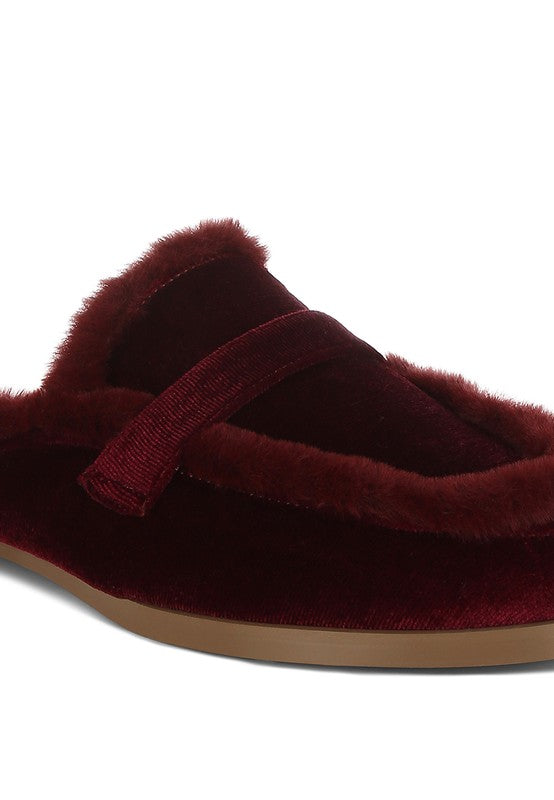 Seyhan Fur Detail Velvet Slip-On Mules