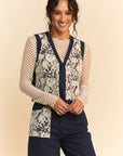 Davi & Dani Lace Patch Open Front Denim Vest