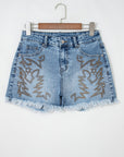 Western Embroidered Studded Denim Shorts