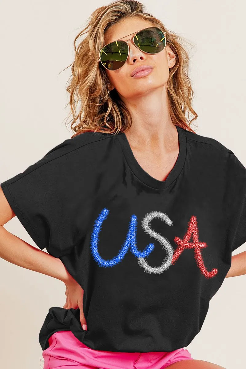 BiBi Metallic Letter Short Dolman Sleeve Top