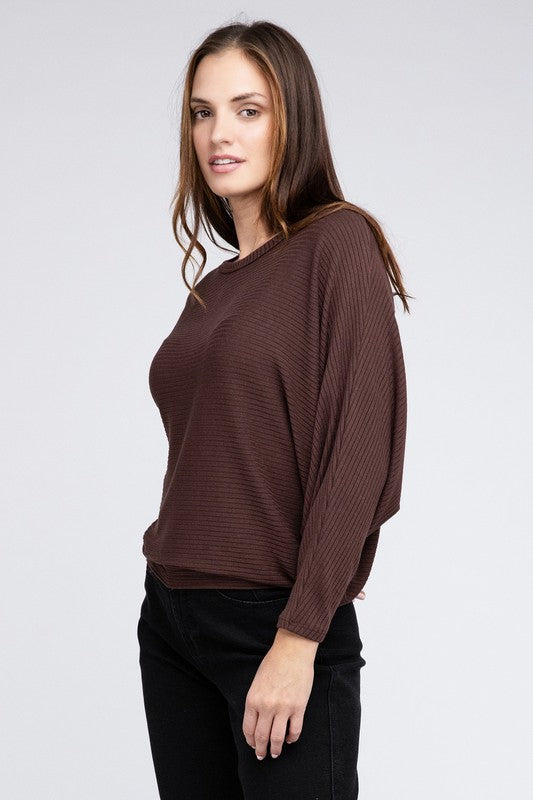 Zenana Ribbed Batwing Long Sleeve Boat Neck Sweater