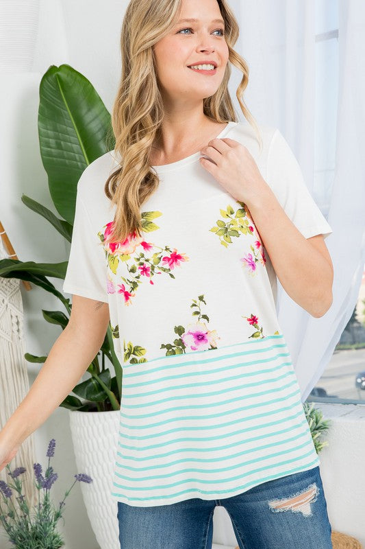 e Luna PLUS Floral Striped Mixed Top