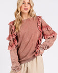 Mittoshop Ruffled Mineral Washed Round Neck Long Sleeve Sweatshirt