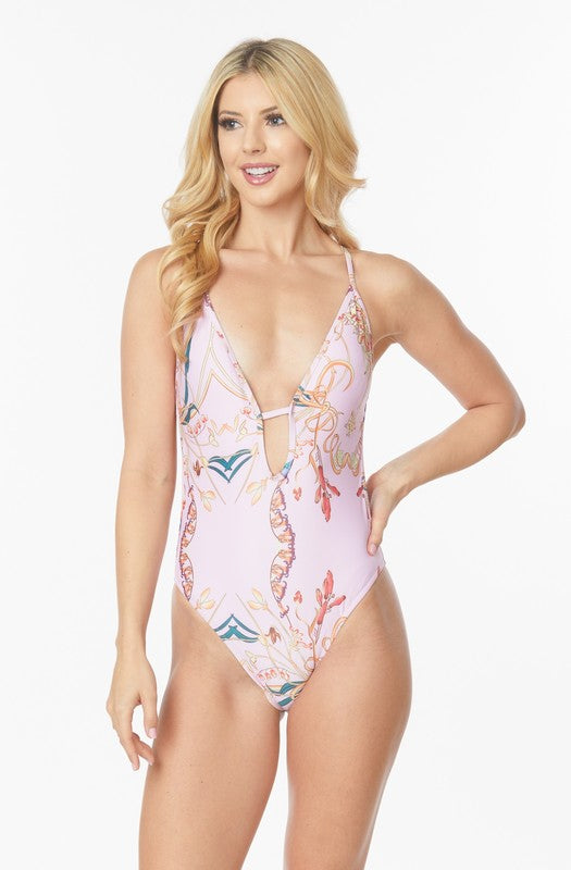 One Piece Bathing Suit - Floral Print with Deep V Front
