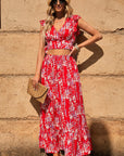 Printed Tie Back Cropped Top and Maxi Skirt Set - Online Only