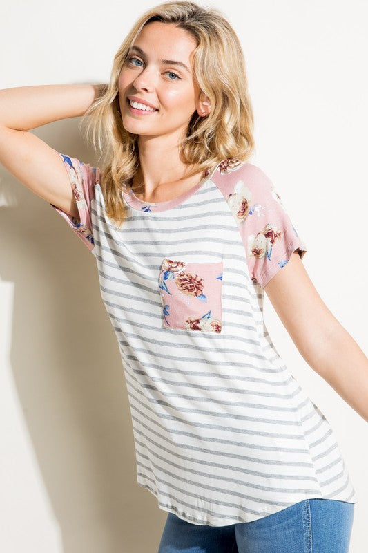 e Luna Striped Floral Mix Pocket Top