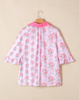 Floral Collared V-Neck Ruffle 3/4 Sleeve Shirt