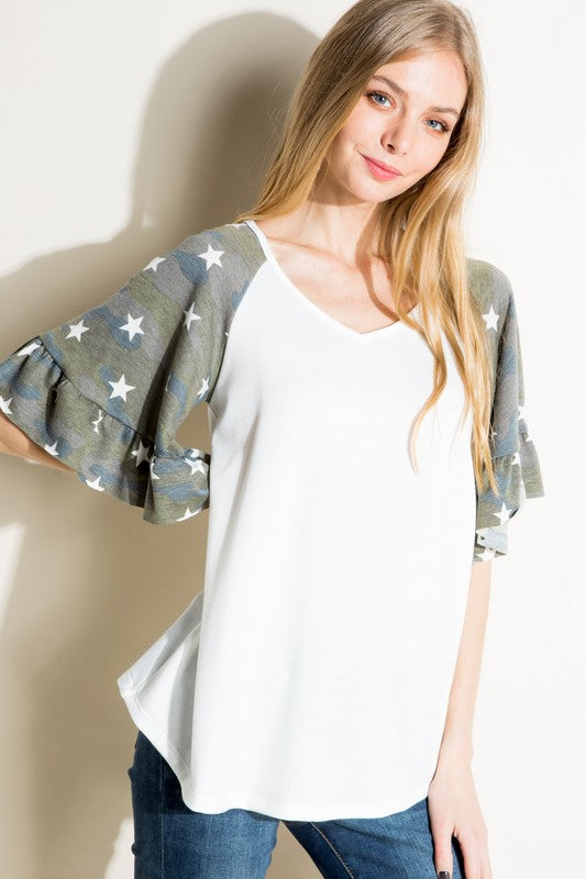 e Luna Solid Camo Mix Ruffled Sleeve Top