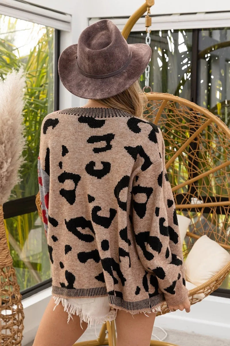 BiBi Leopard Color Block Button Down Sweater Cardigan in Taupe/Grey