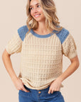 BiBi Textured Contrast Short Sleeve Sweater