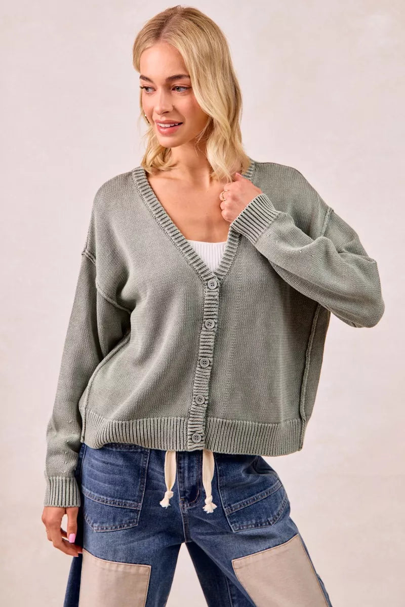 BiBi Washed Sweater V Neck Cardigan in Olive