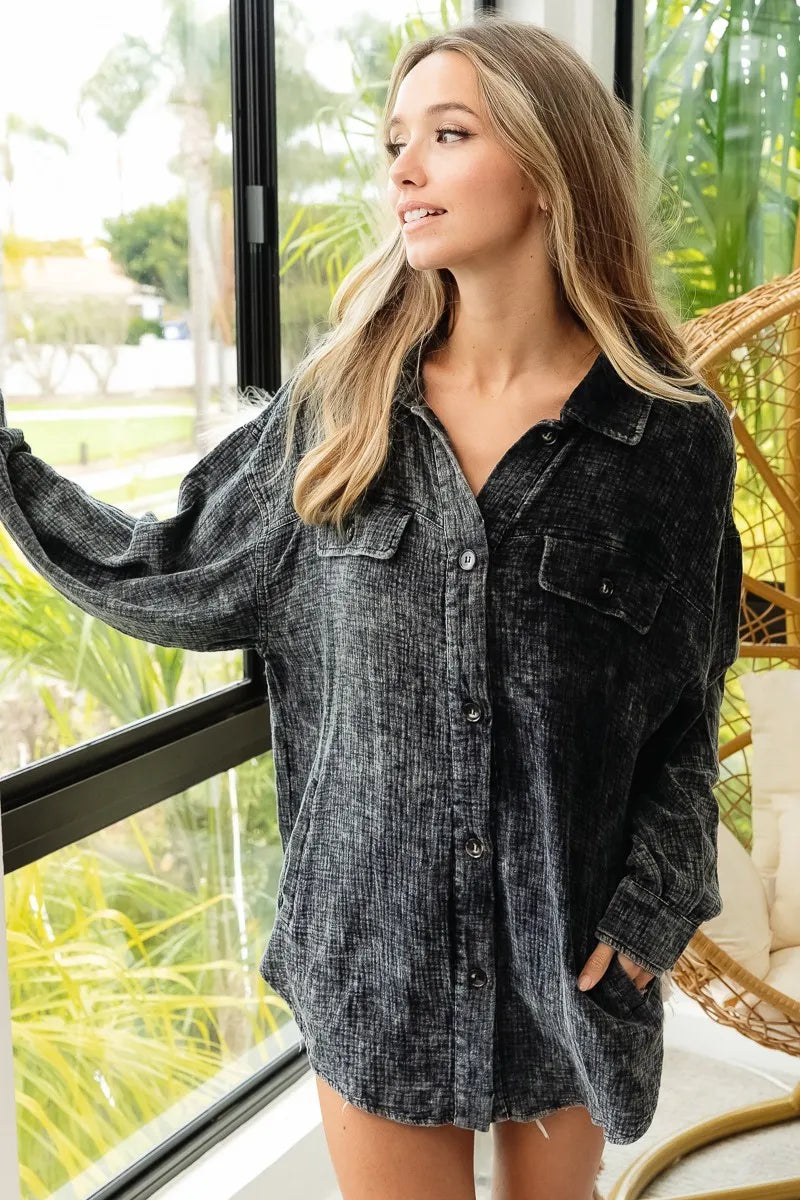 BiBi Vintage Washed Wrinkle Gauze Shacket