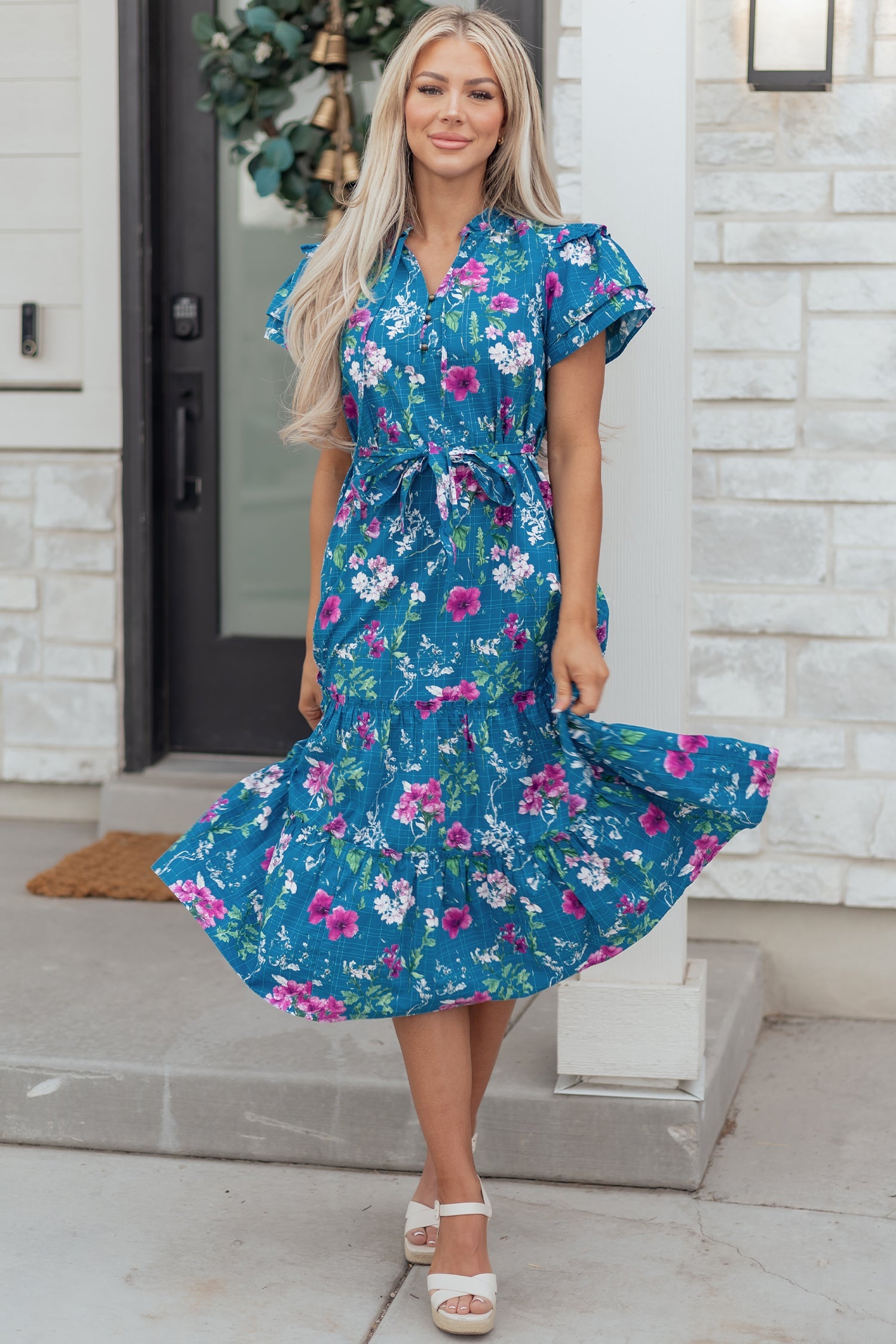 Floral Flutter Sleeve Tie Neck Belted Midi Dress